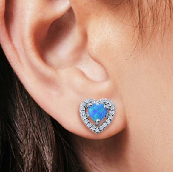 Dainty Simulated Blue Opal Earrings set in Silver Overlay Adorned with Zirconia - Picture 5 of 5